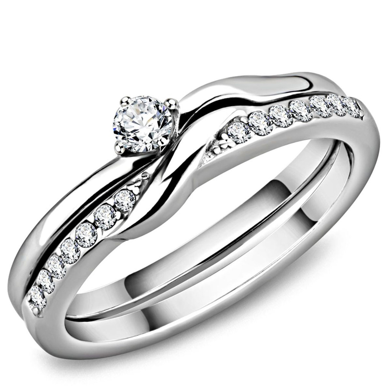 2-Piece Stainless Steel Women's Wedding Ring with Cubic Zirconia, Size 10  (Pack of 2)